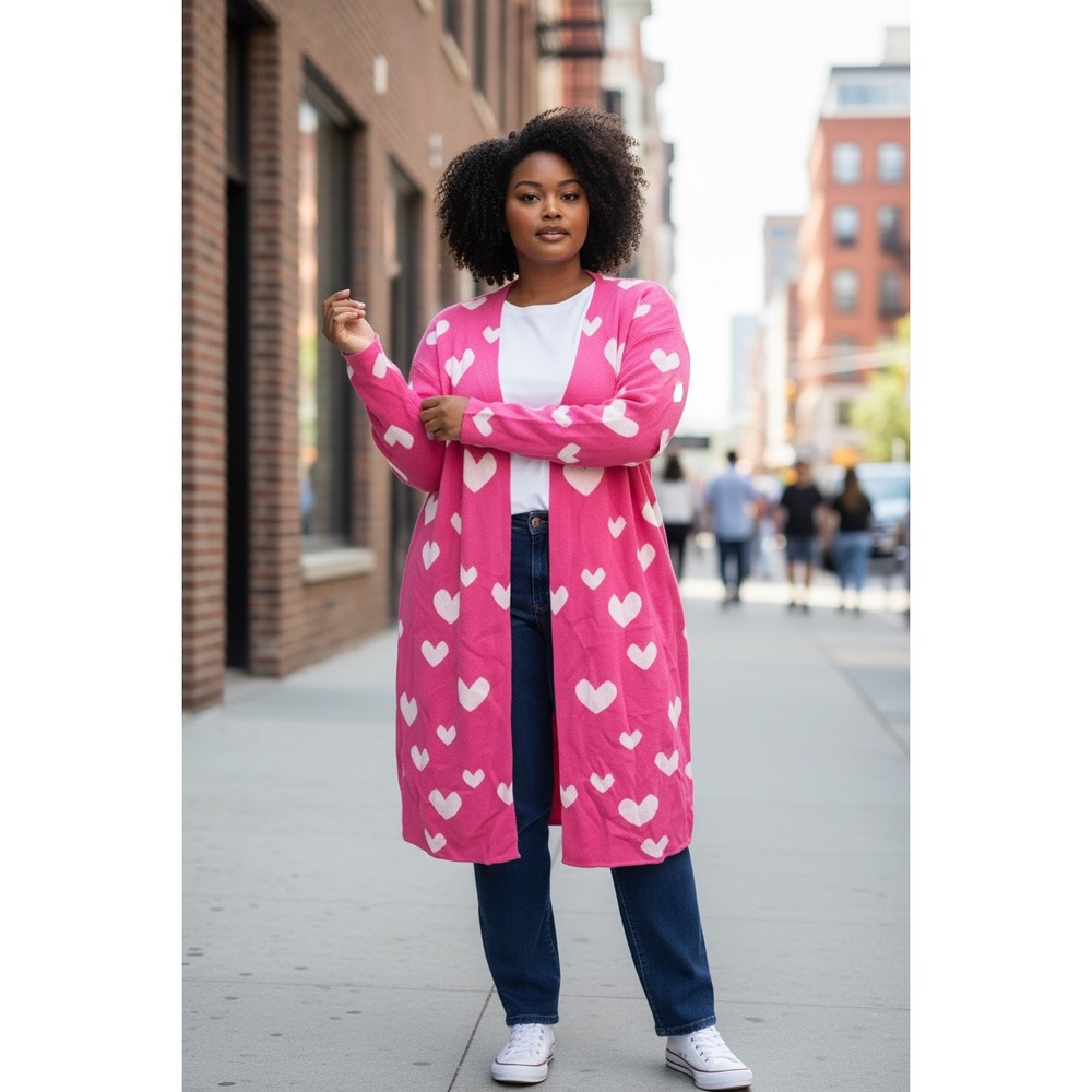 (K-295) Driftwood Heart Intarsia Open Cardigan Pink White Hearts Medium NWT QVC